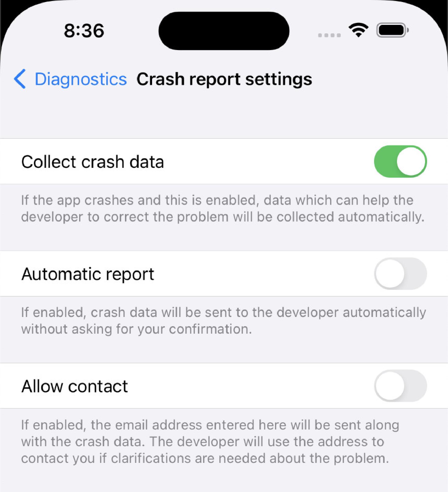 Crash report settings screen