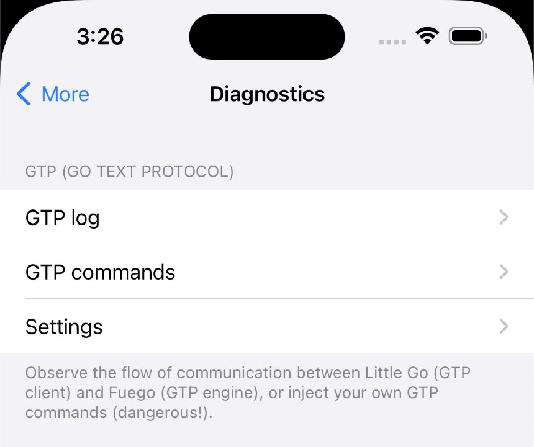 GTP-related items in the Diagnostics area of the app