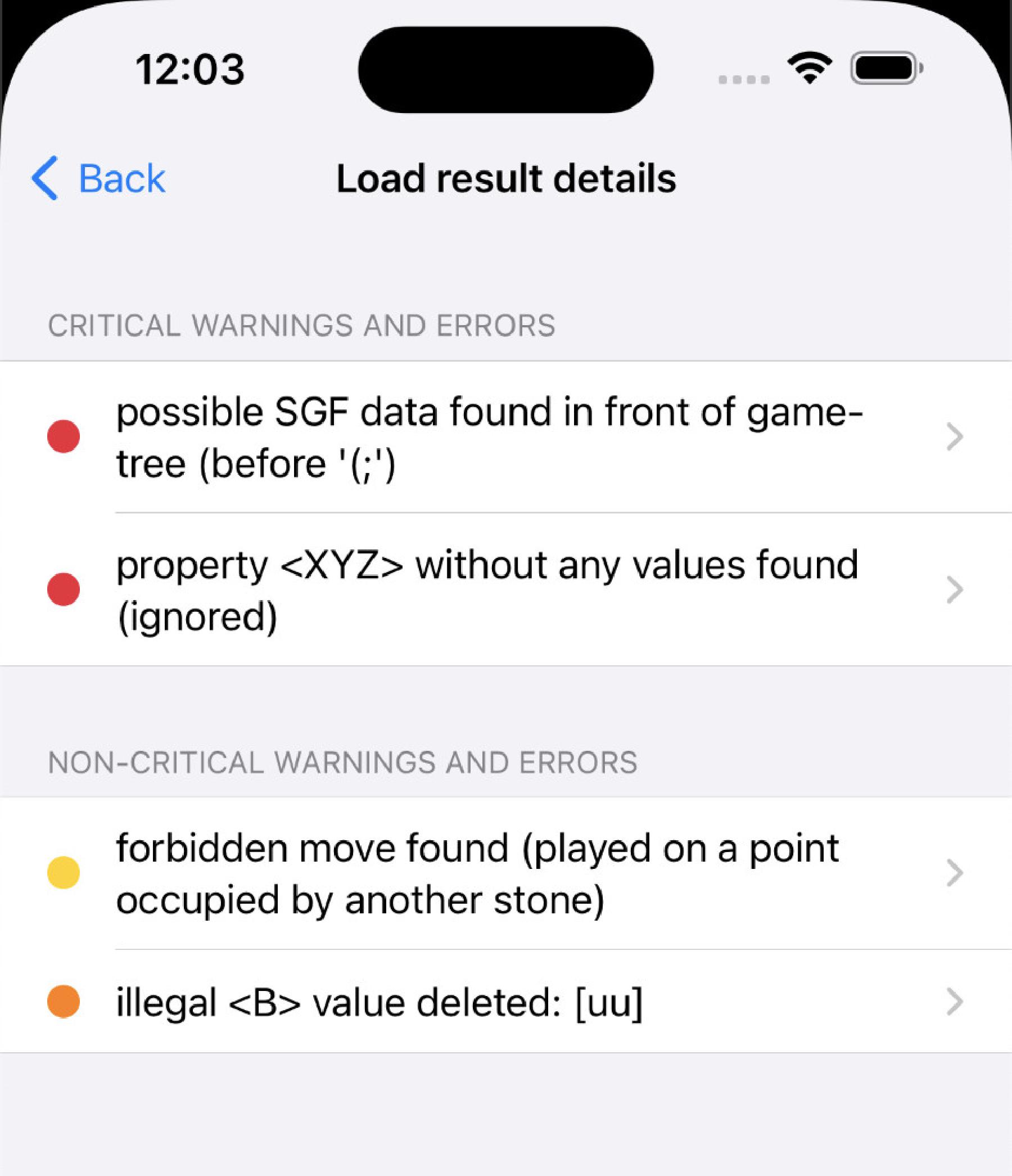 Load result details, listing all messages generated by SGFC