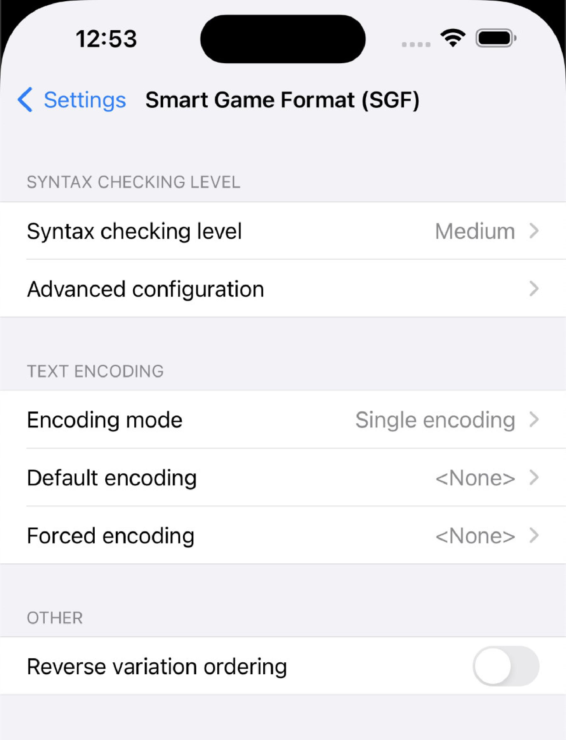 Smart Game Format (SGF) settings screen